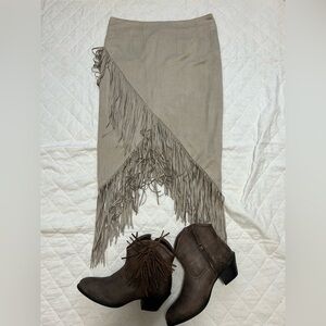 Olivaceous Asymmetrical Fringe Skirt in Tan